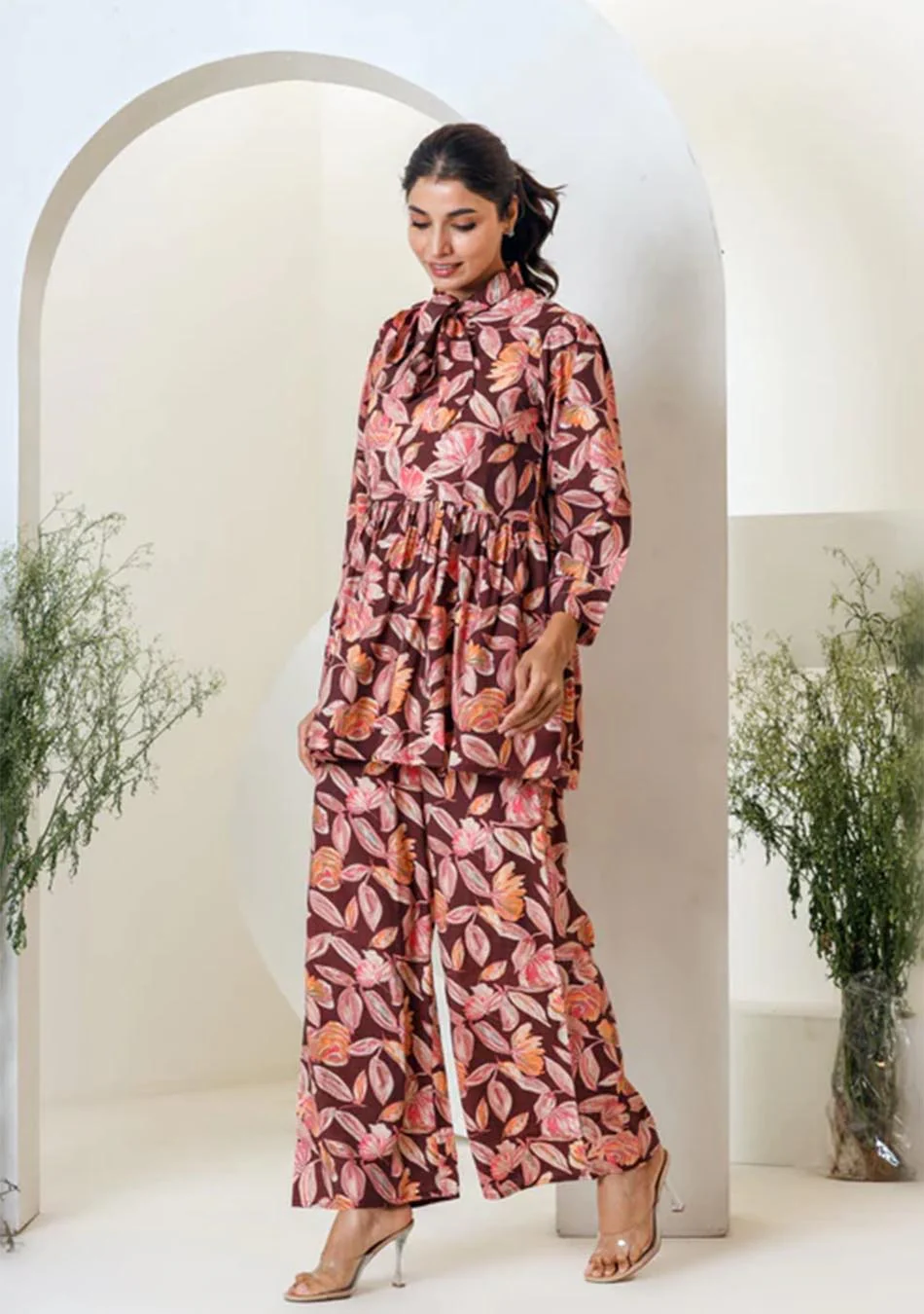 Maroon Floral Print Muslin Peplum Top With Bell-Bottom - Image 9