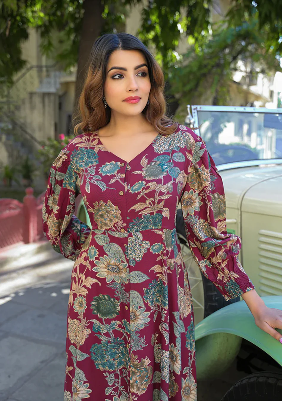 Maroon Floral Print Rayon Fabric Flared Long Dress - Image 4
