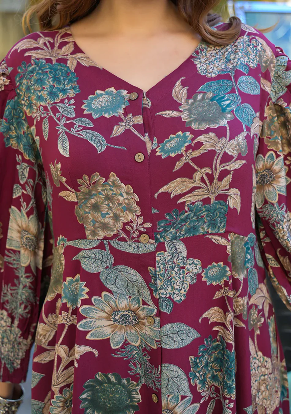Maroon Floral Print Rayon Fabric Flared Long Dress - Image 5