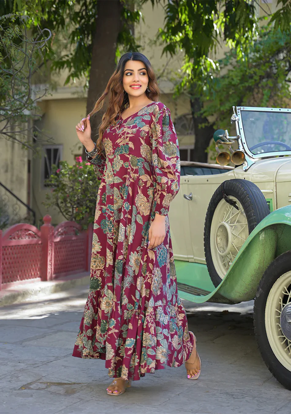 Maroon Floral Print Rayon Fabric Flared Long Dress - Image 6
