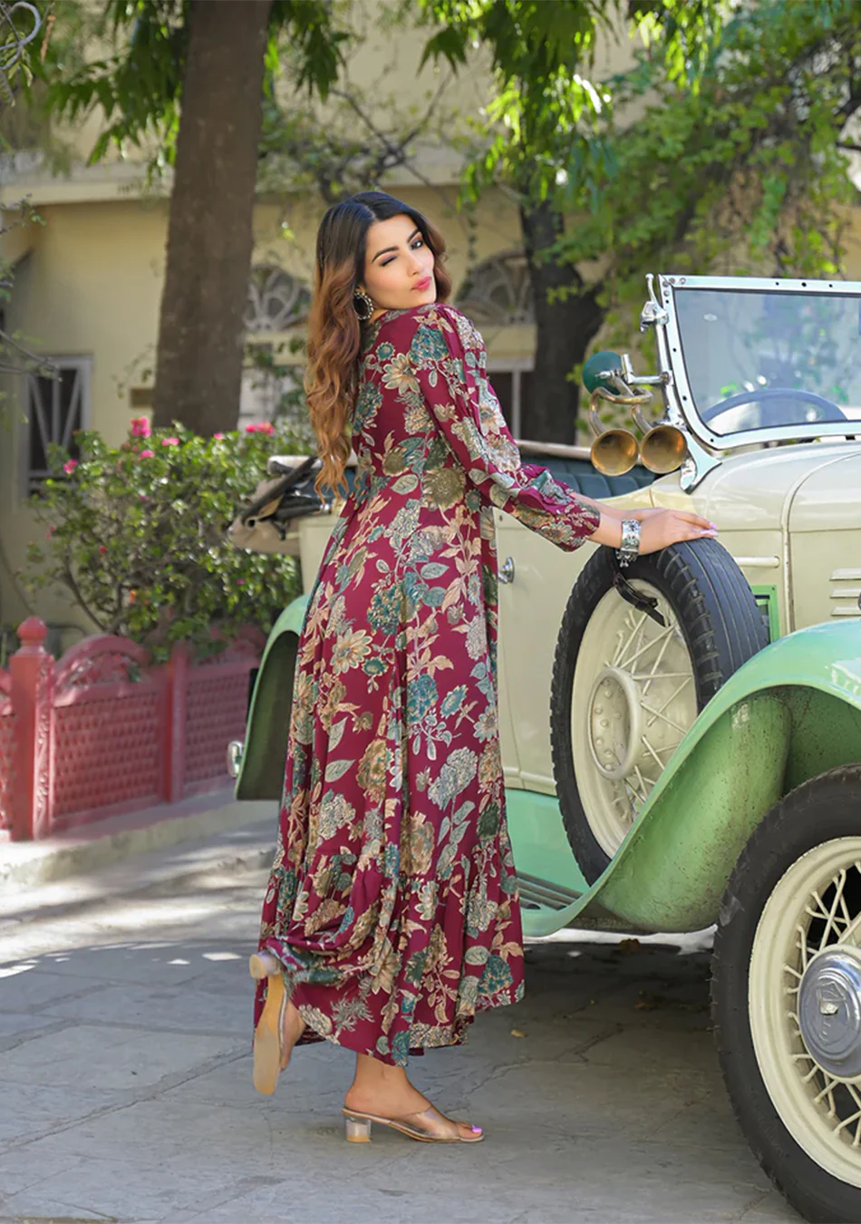 Maroon Floral Print Rayon Fabric Flared Long Dress - Image 7