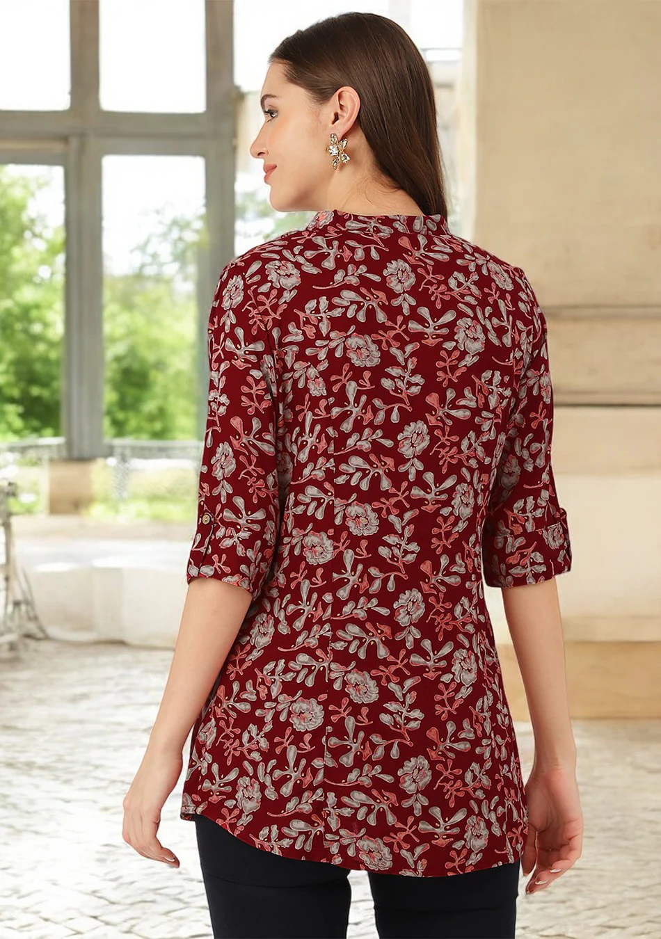Maroon Floral Print Rayon Regular Top - Image 3