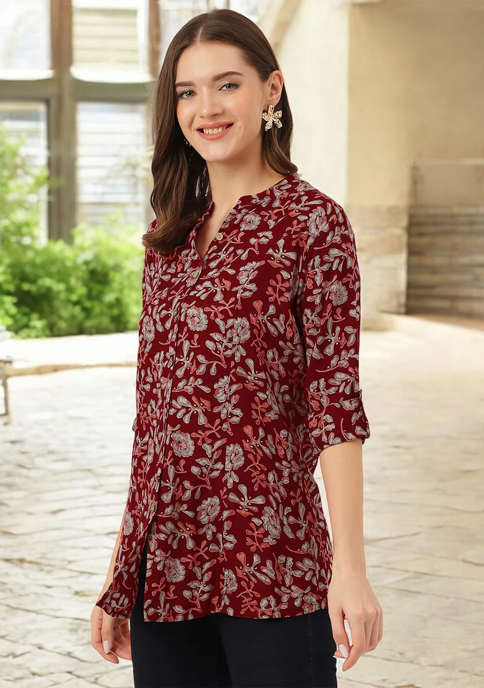 Maroon Floral Print Rayon Regular Top - Image 4