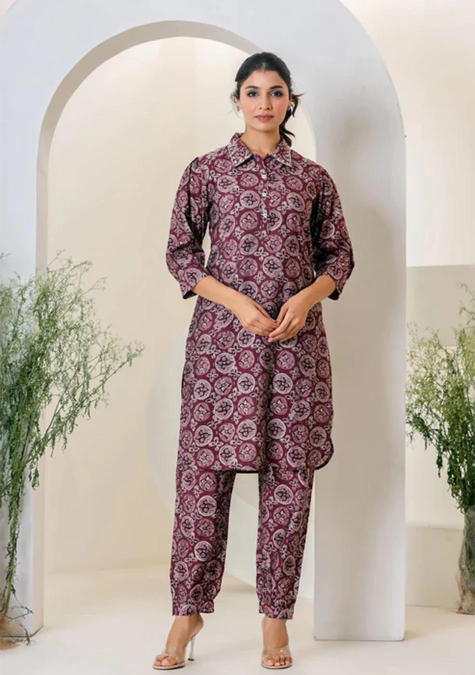 Maroon Print Muslin Kurta With Hem Cuffed Pant Set