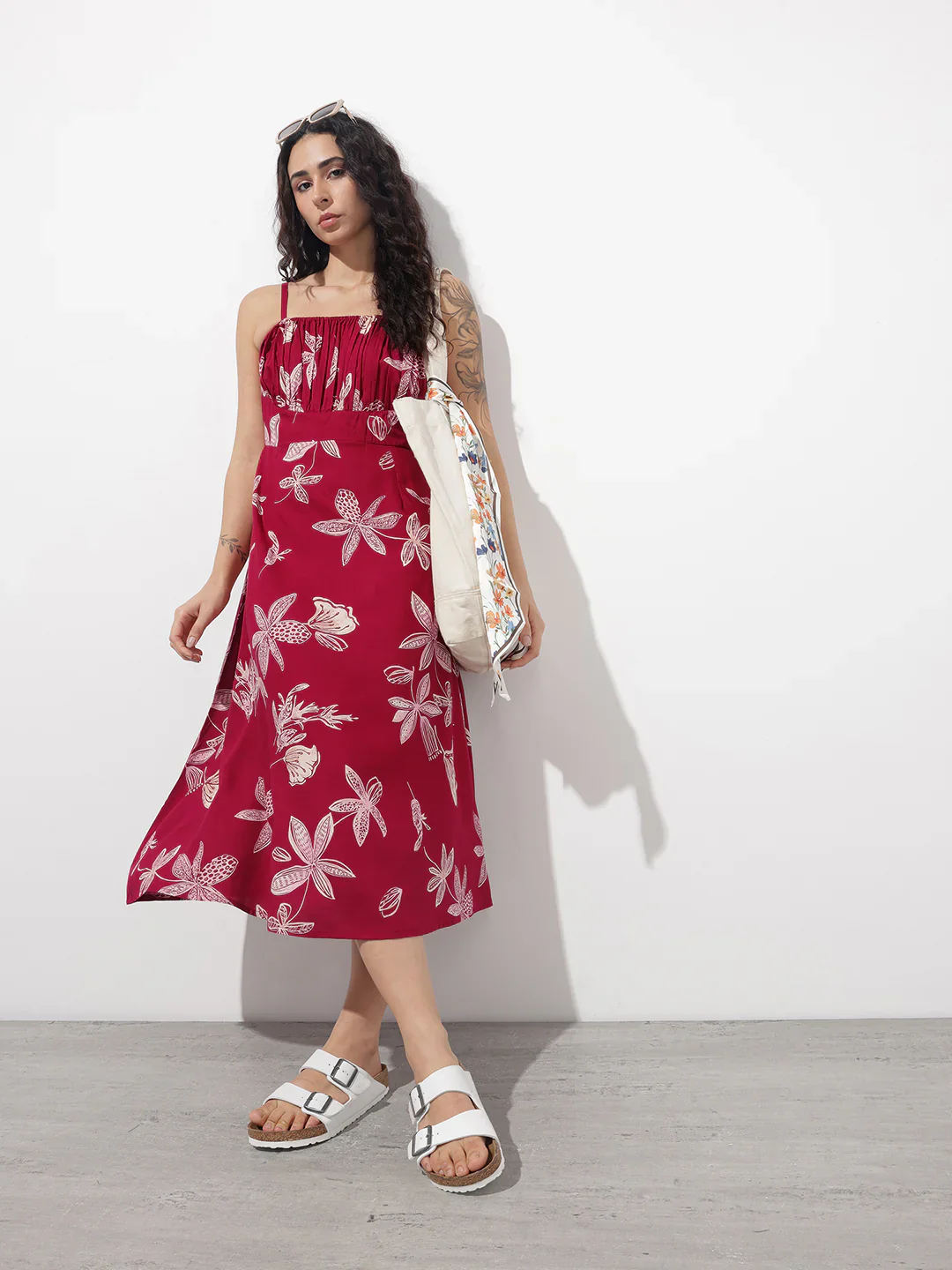 Maroon Shoulder Strapes Fit & Flared Rayon Dress