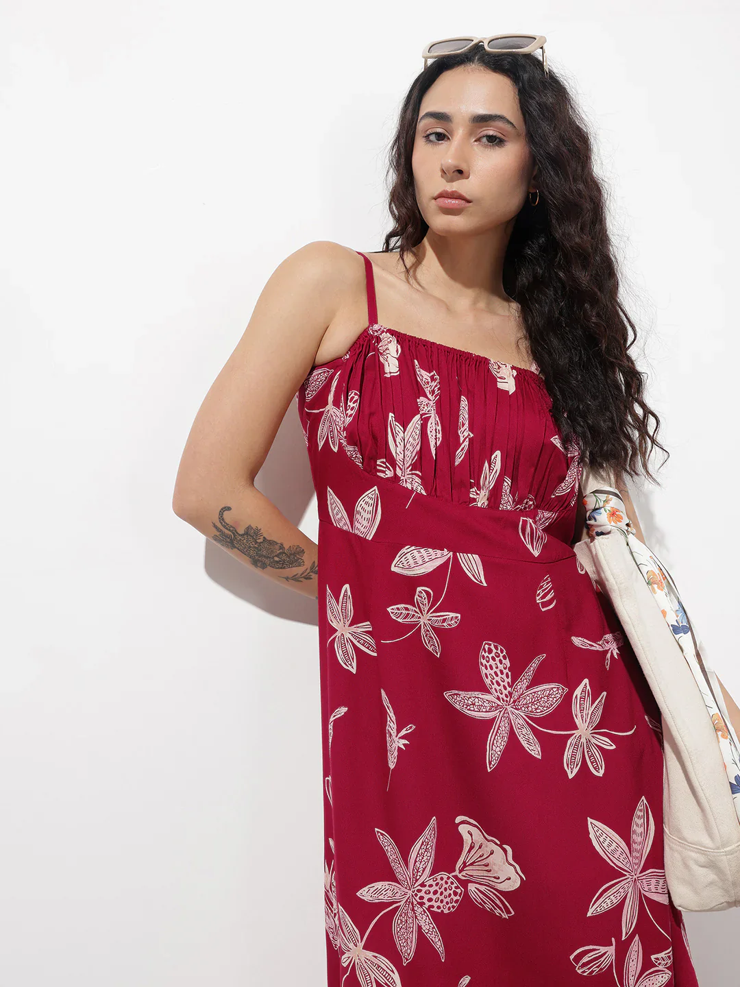 Maroon Shoulder Strapes Fit & Flared Rayon Dress - Image 2