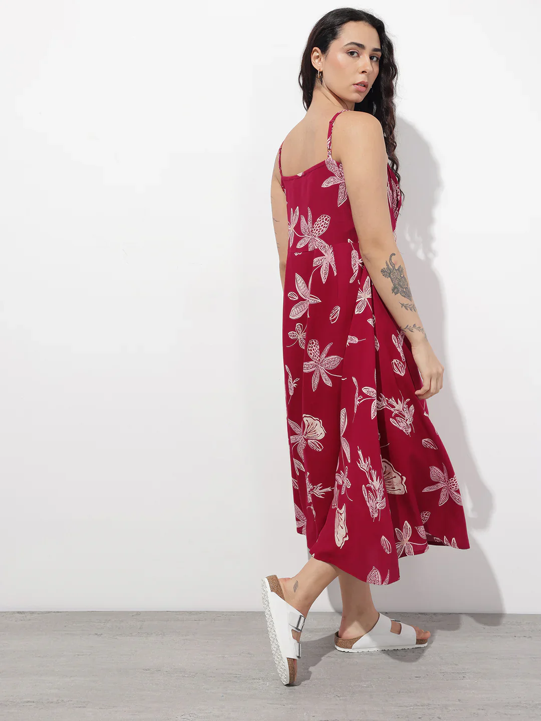 Maroon Shoulder Strapes Fit & Flared Rayon Dress - Image 4