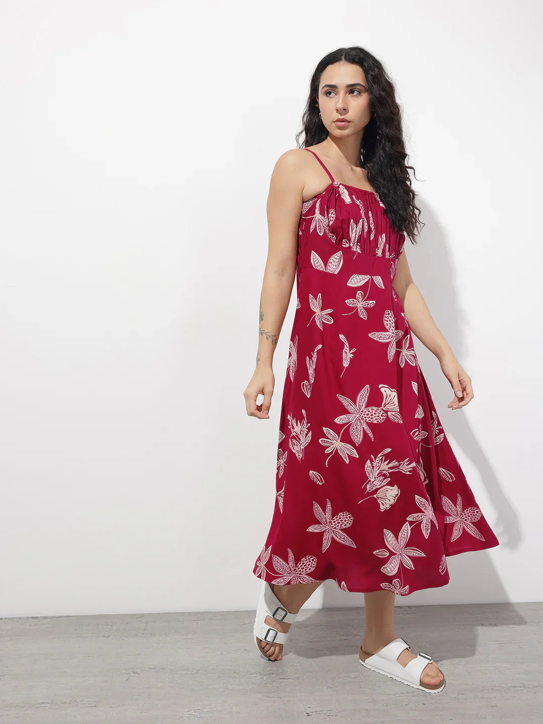 Maroon Shoulder Strapes Fit & Flared Rayon Dress - Image 5