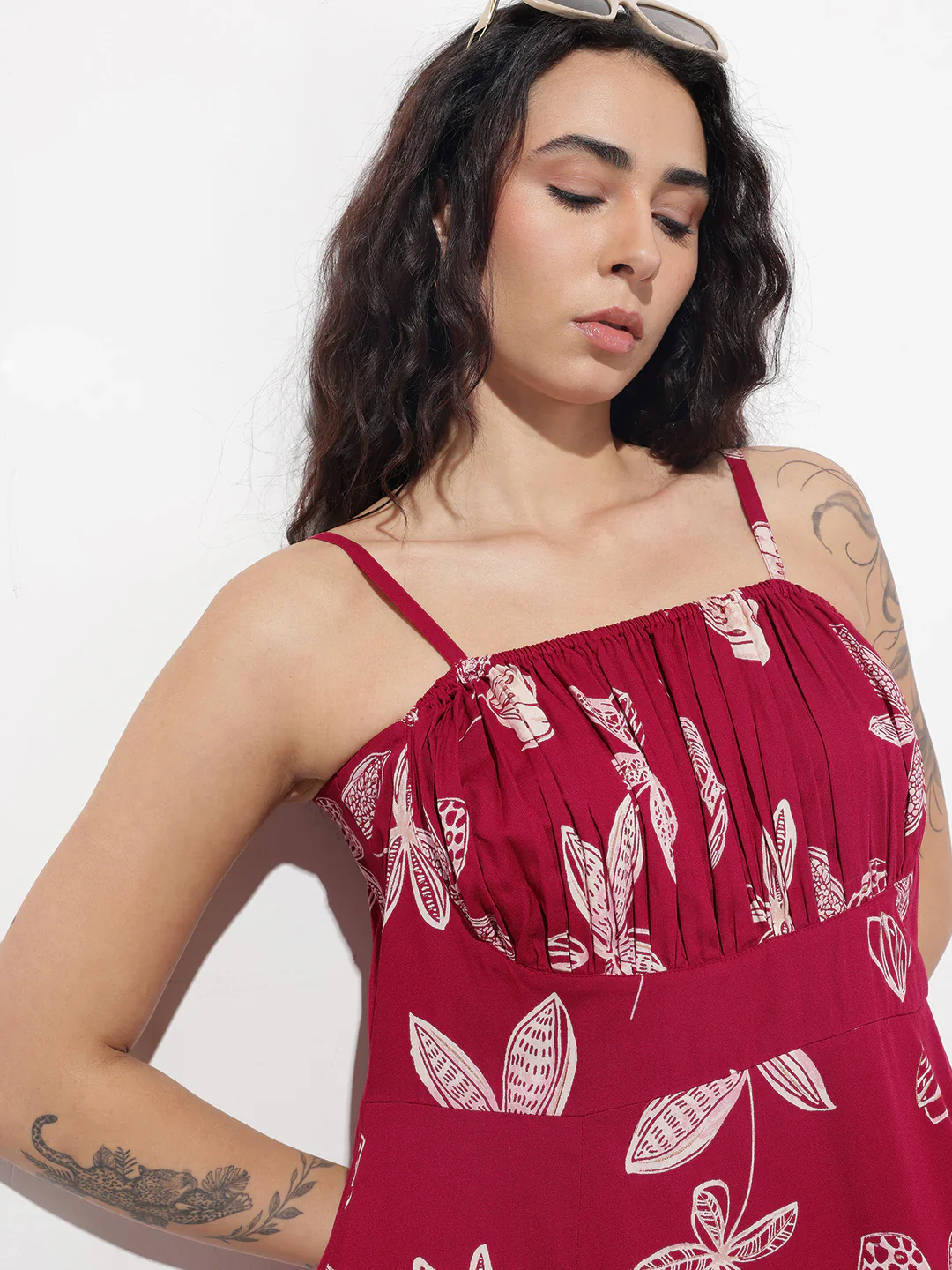 Maroon Shoulder Strapes Fit & Flared Rayon Dress - Image 7