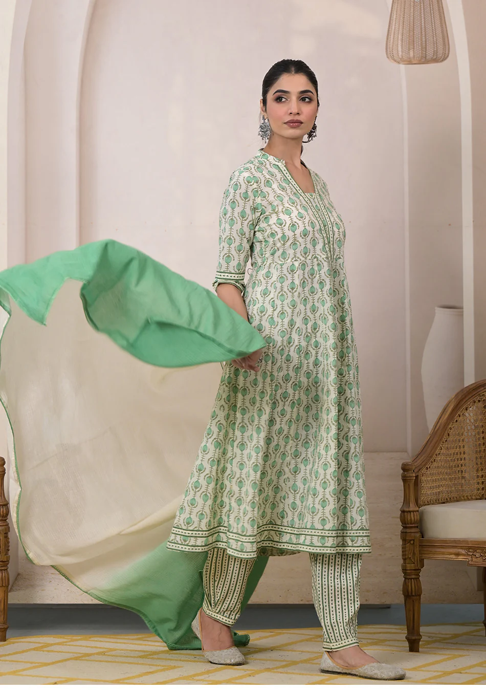 Mint Blossom Anarkali Suit with Dupatta - Image 3