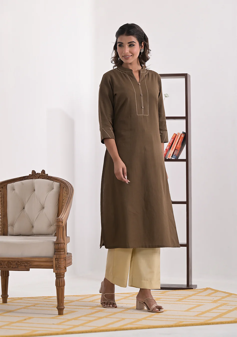Mocha Solid Cotton Kurta - Image 2
