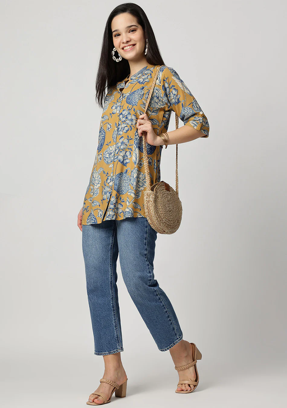 Mustard bloom Rollup Sleeves A-Line Top - Image 13