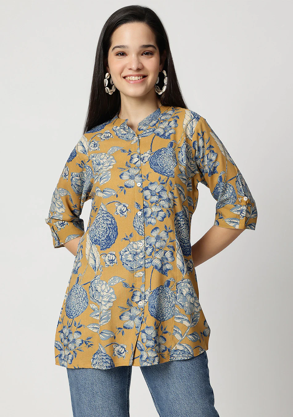 Mustard bloom Rollup Sleeves A-Line Top - Image 14