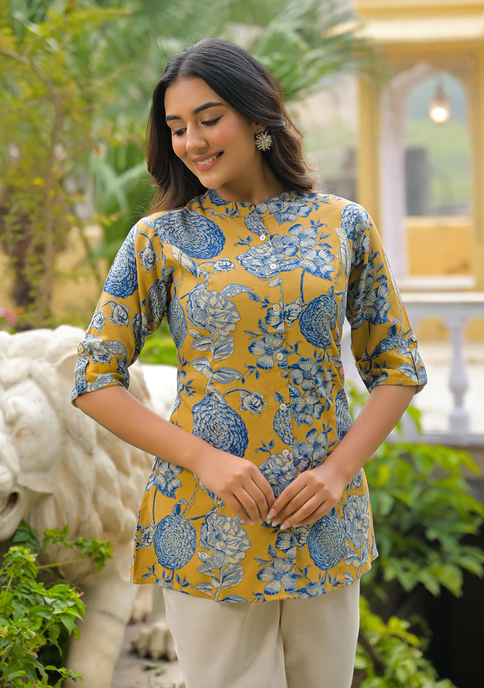 Mustard bloom Rollup Sleeves A-Line Top - Image 5