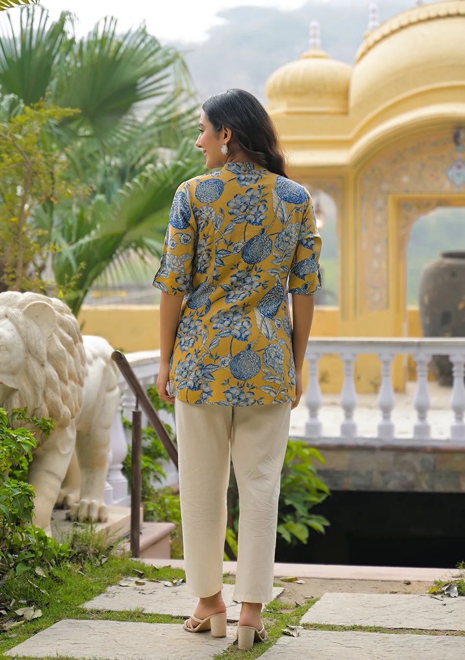 Mustard bloom Rollup Sleeves A-Line Top - Image 6