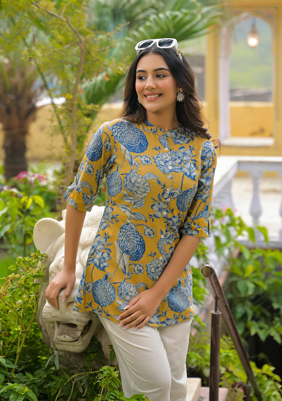 Mustard bloom Rollup Sleeves A-Line Top - Image 8