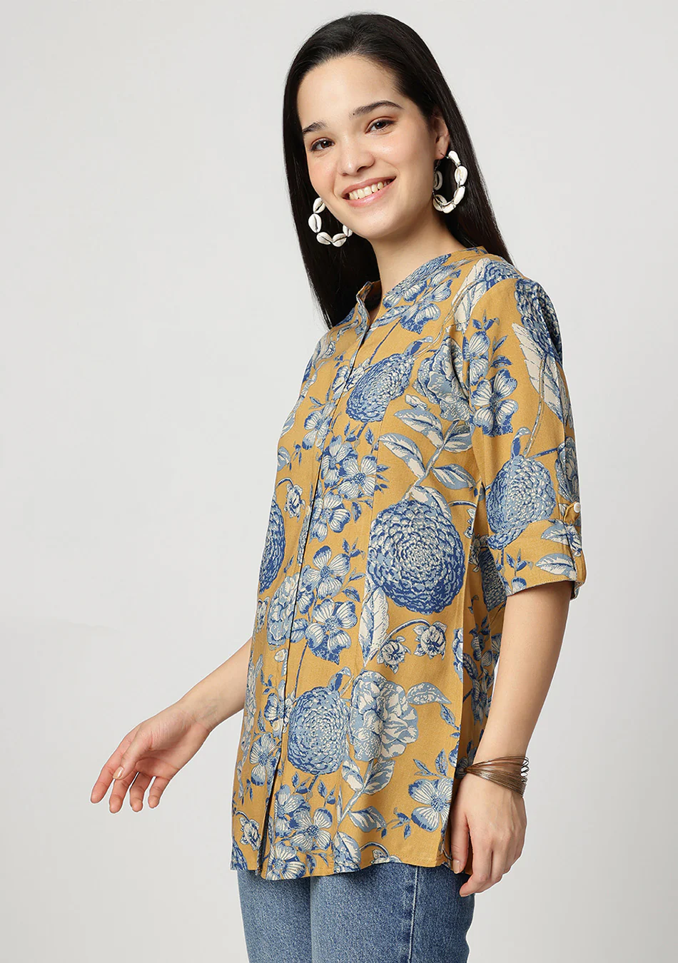 Mustard bloom Rollup Sleeves A-Line Top - Image 9