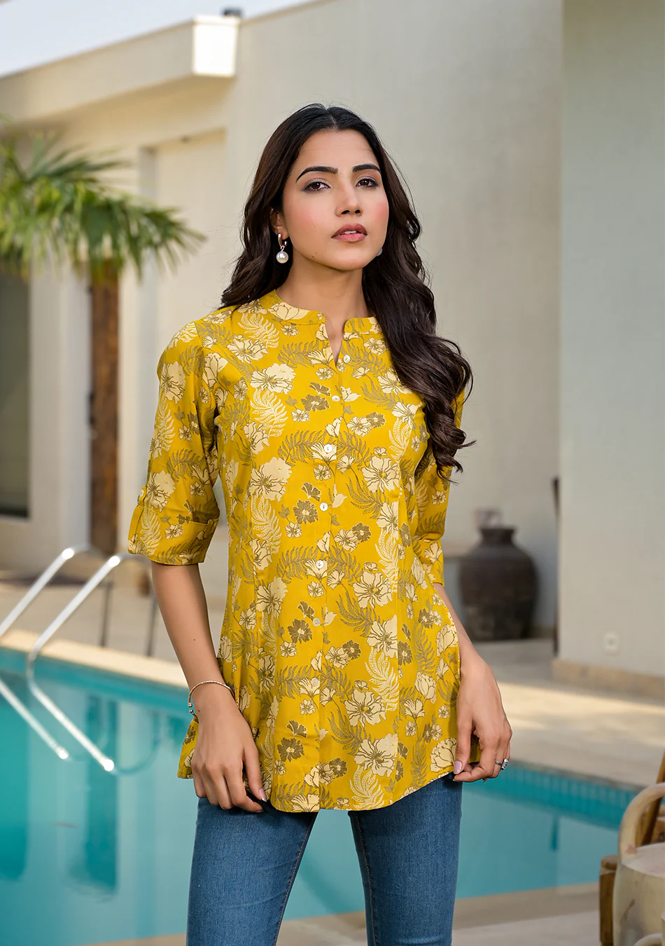 Mustard Floral Rayon A-line Top