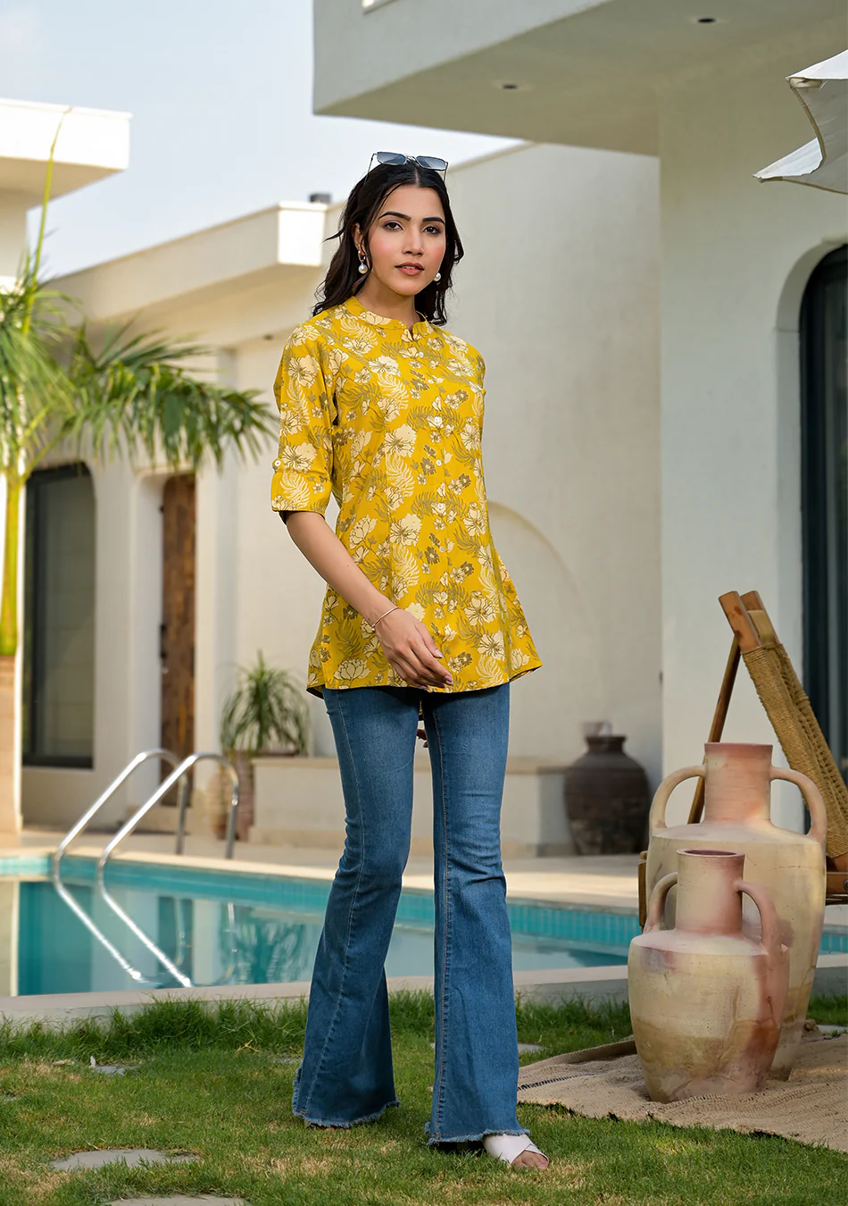 Mustard Floral Rayon A-line Top - Image 2