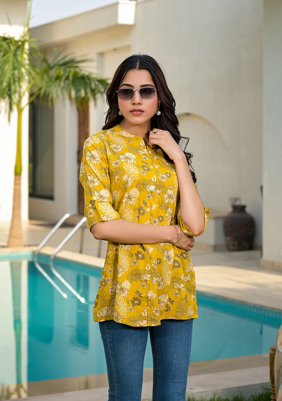 Mustard Floral Rayon A-line Top - Image 3