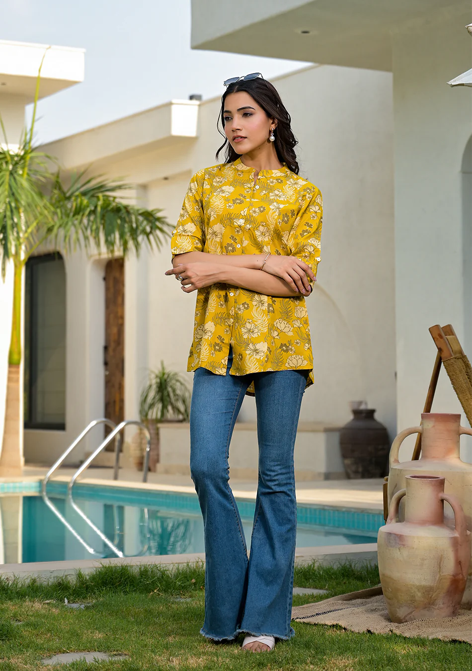 Mustard Floral Rayon A-line Top - Image 4
