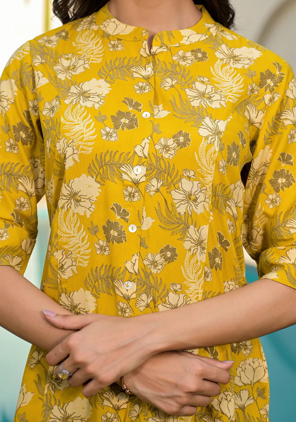 Mustard Floral Rayon A-line Top - Image 8