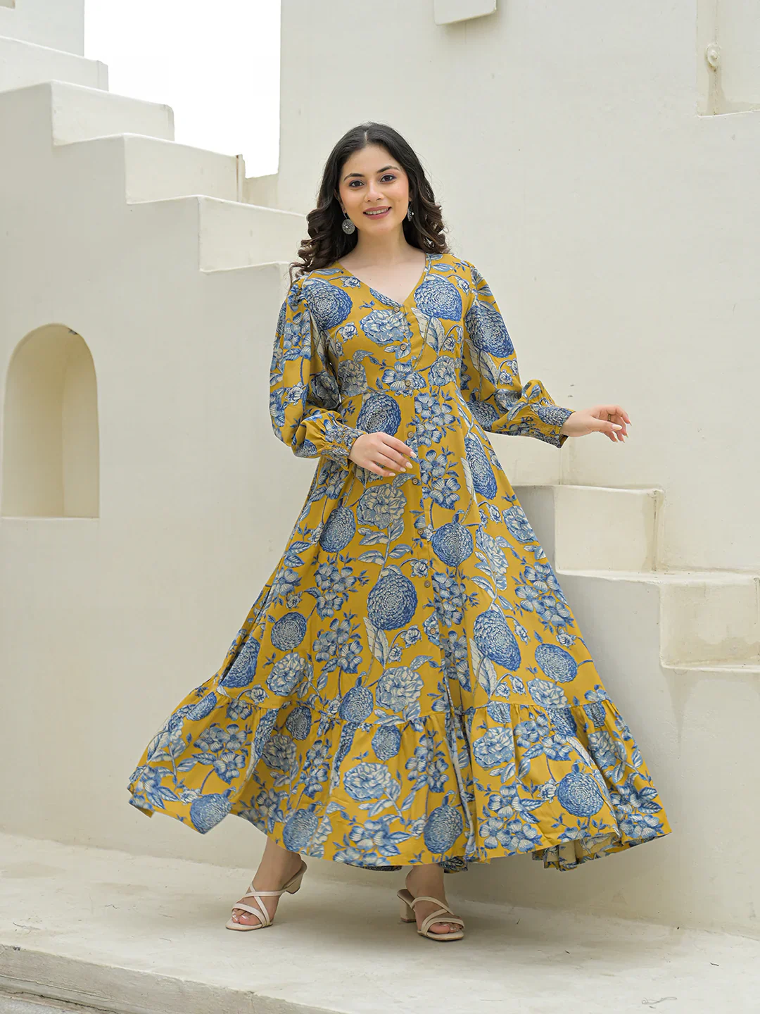 Aravalii Mustard Rayon Flare Dress