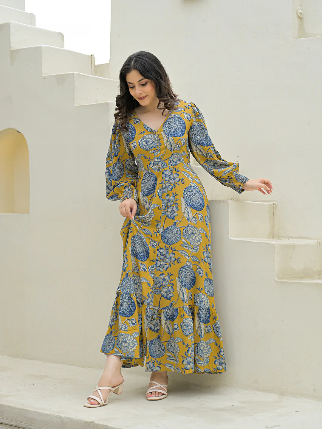 Aravalii Mustard Rayon Flare Dress - Image 5