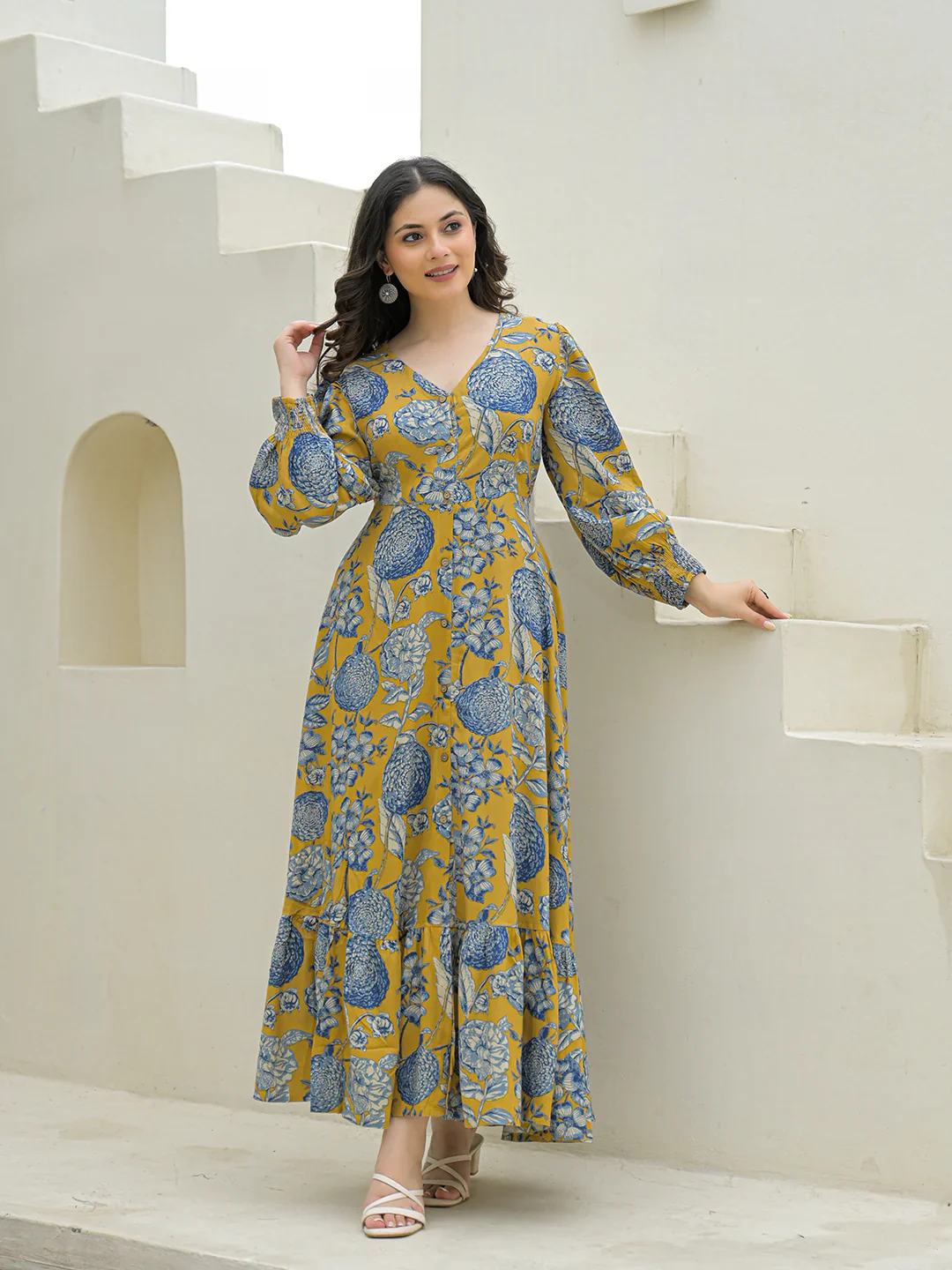 Aravalii Mustard Rayon Flare Dress - Image 6