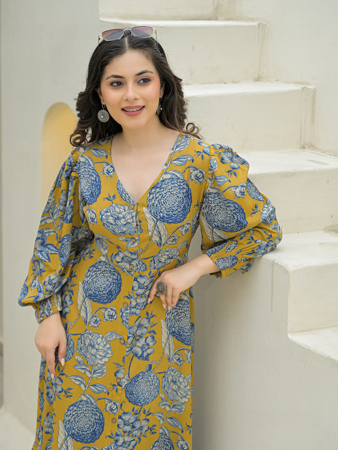Aravalii Mustard Rayon Flare Dress - Image 7