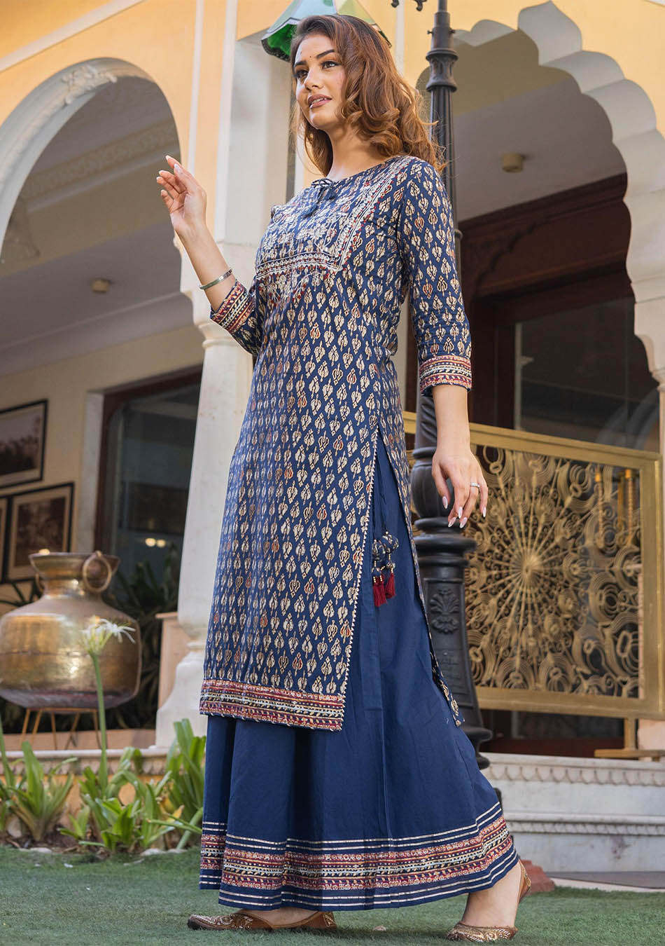 Navy Blue Cotton Gota Patti Palazzo Set - Image 4