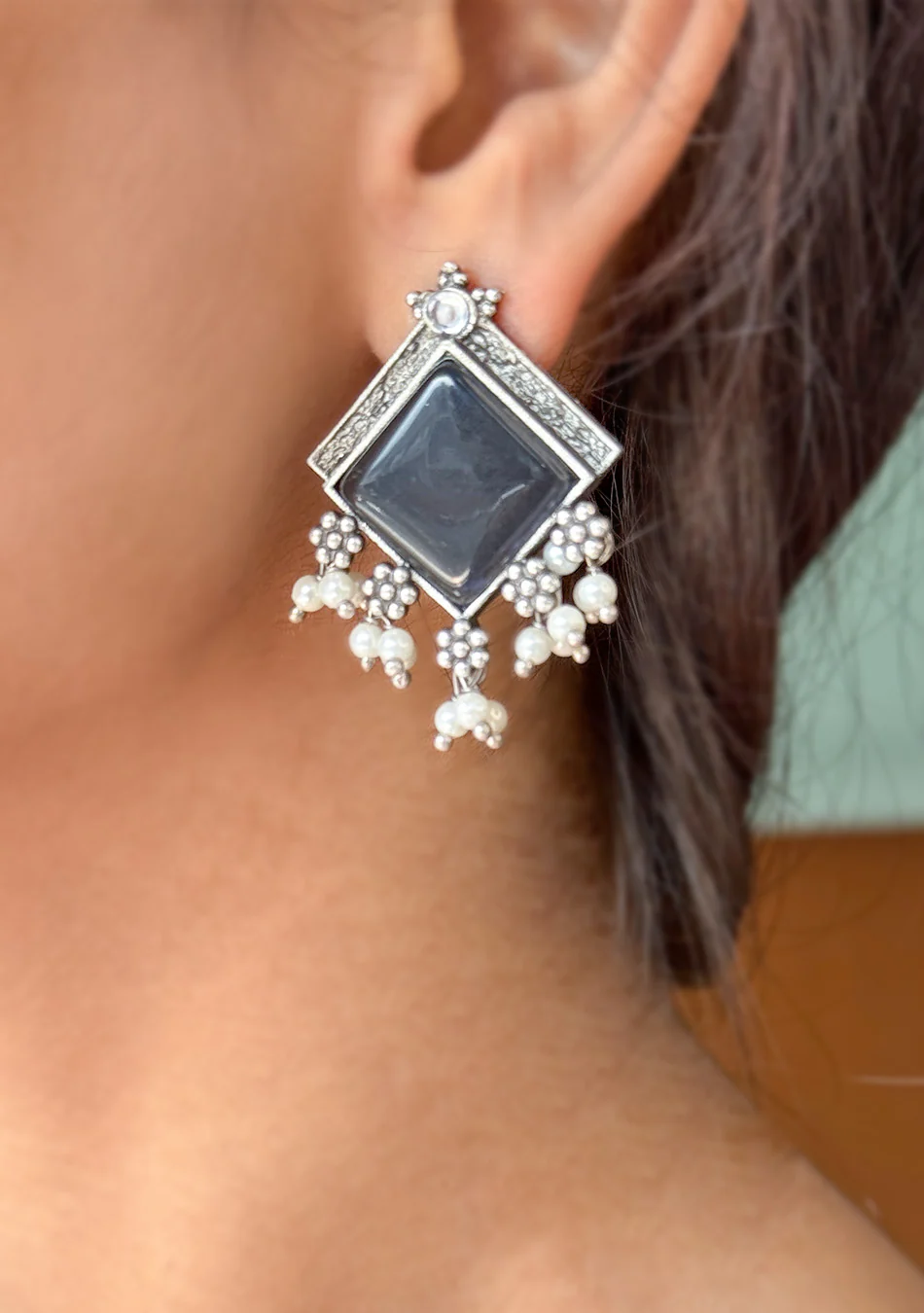 Navy Square Studs Earrings