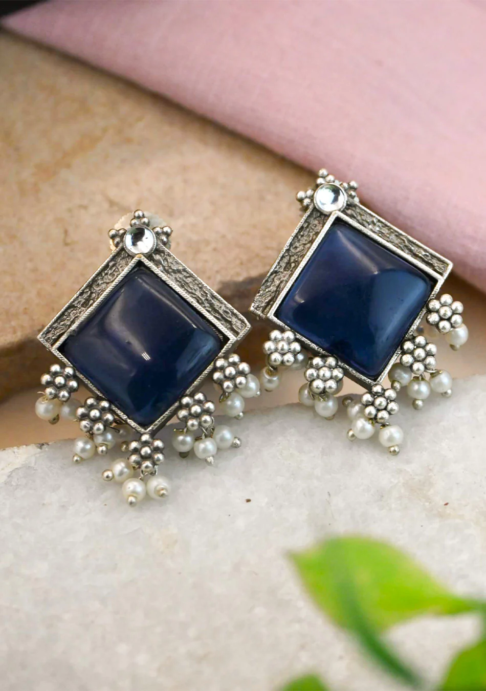 Navy Square Studs Earrings - Image 3