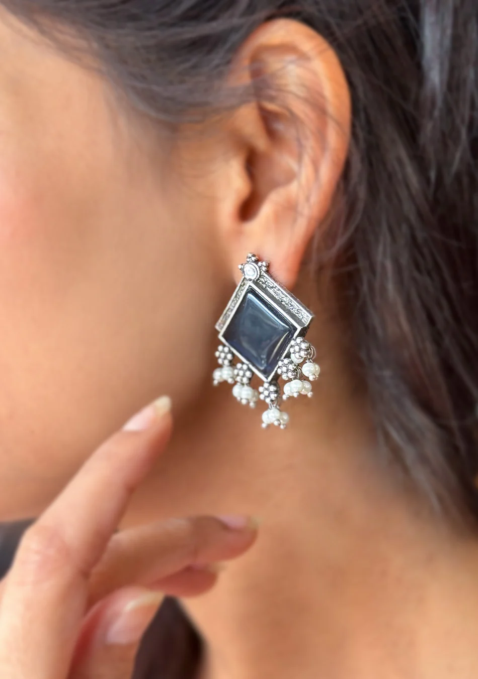 Navy Square Studs Earrings - Image 4