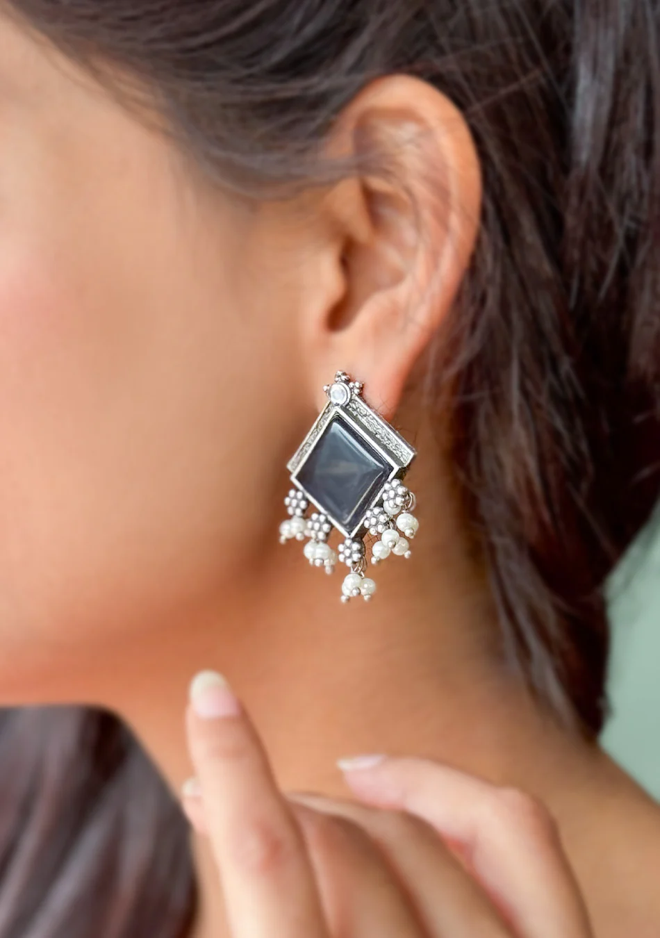 Navy Square Studs Earrings - Image 5
