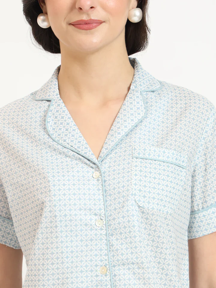 Grey Printed Cotton Shirt with Shorts Night suit - Image 3