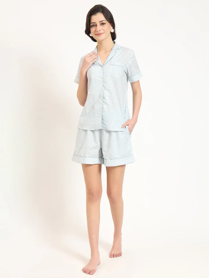 Grey Printed Cotton Shirt with Shorts Night suit - Image 5