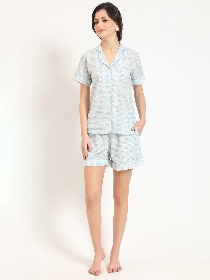 Grey Printed Cotton Shirt with Shorts Night suit - Image 6