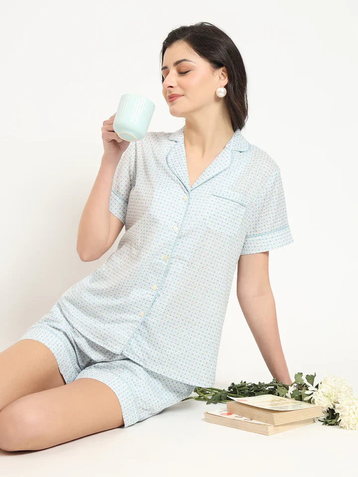 Grey Printed Cotton Shirt with Shorts Night suit - Image 7
