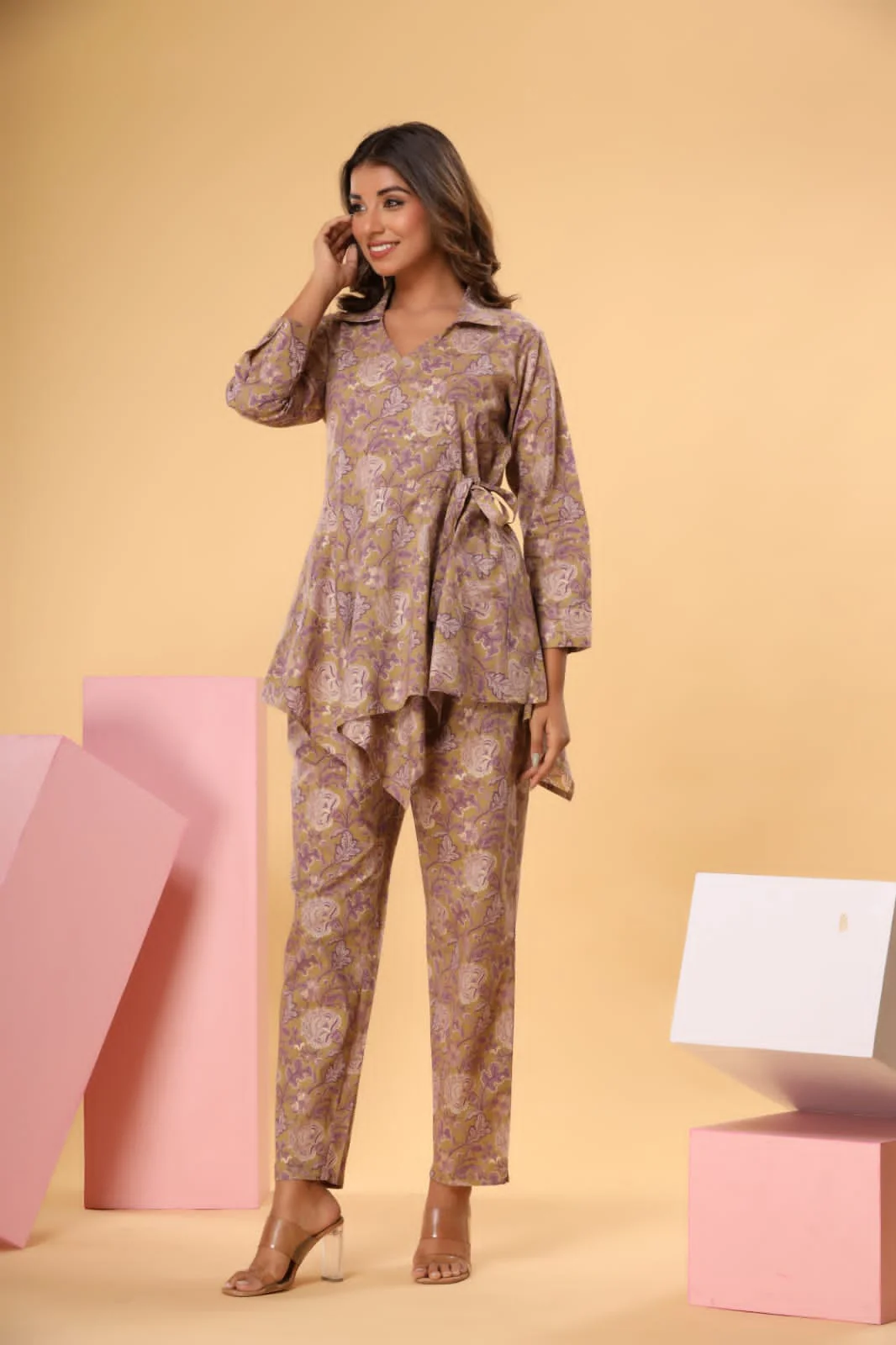Olive Brown Floral Print Co-Ord Set - Image 2