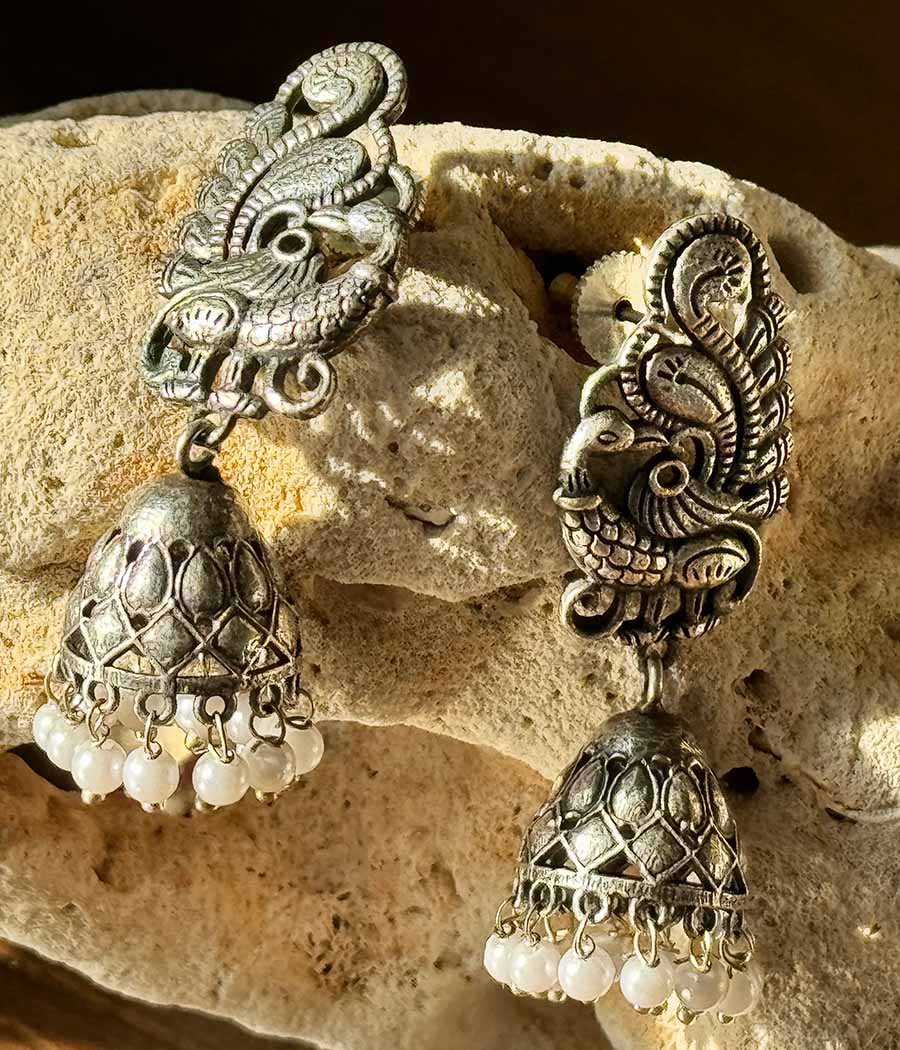 Peacock Serenity Pearl Jhumkas - Image 3