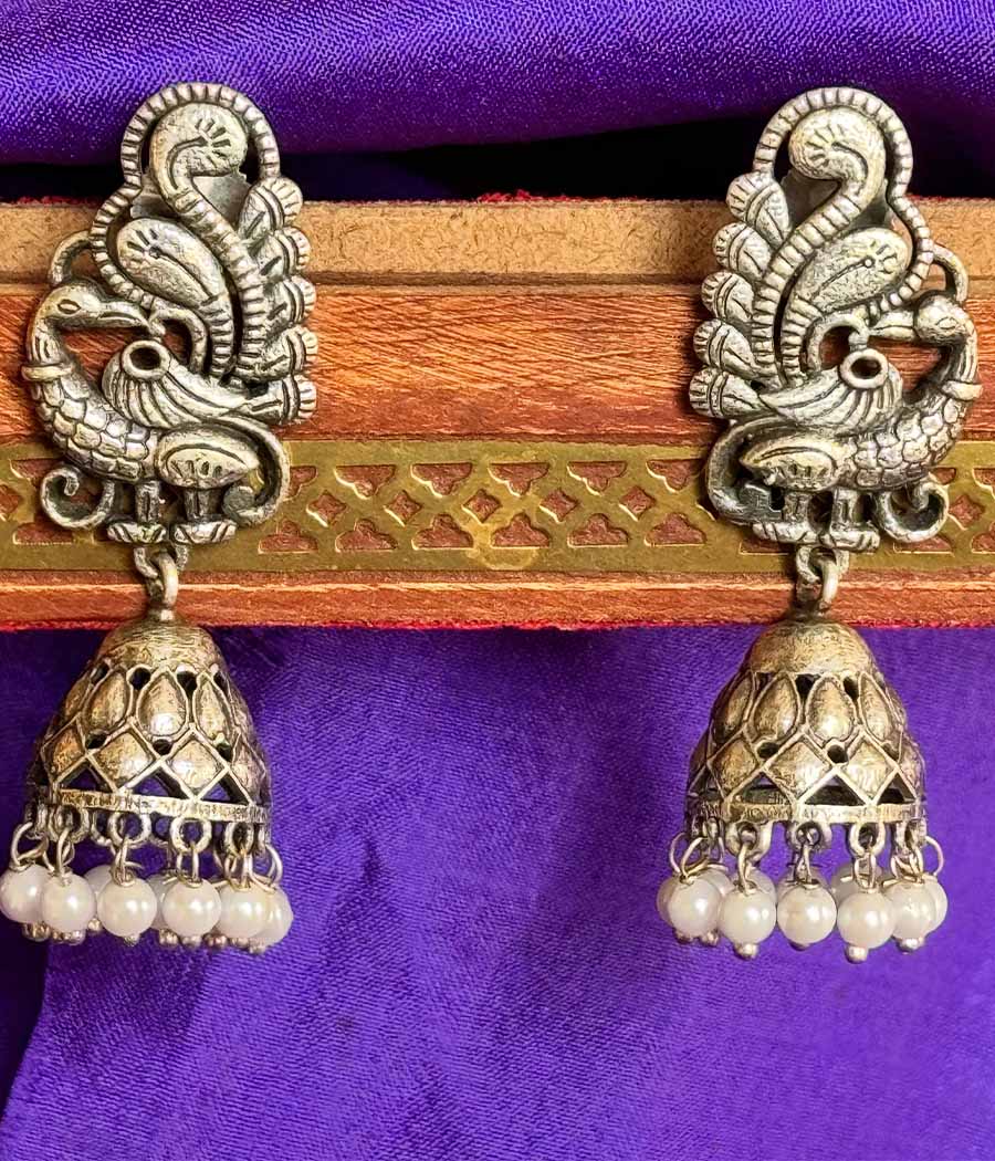 Peacock Serenity Pearl Jhumkas - Image 4
