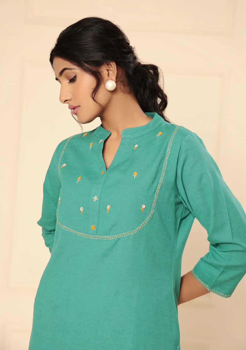 Persian Green Solid Cotton Kurta - Image 2