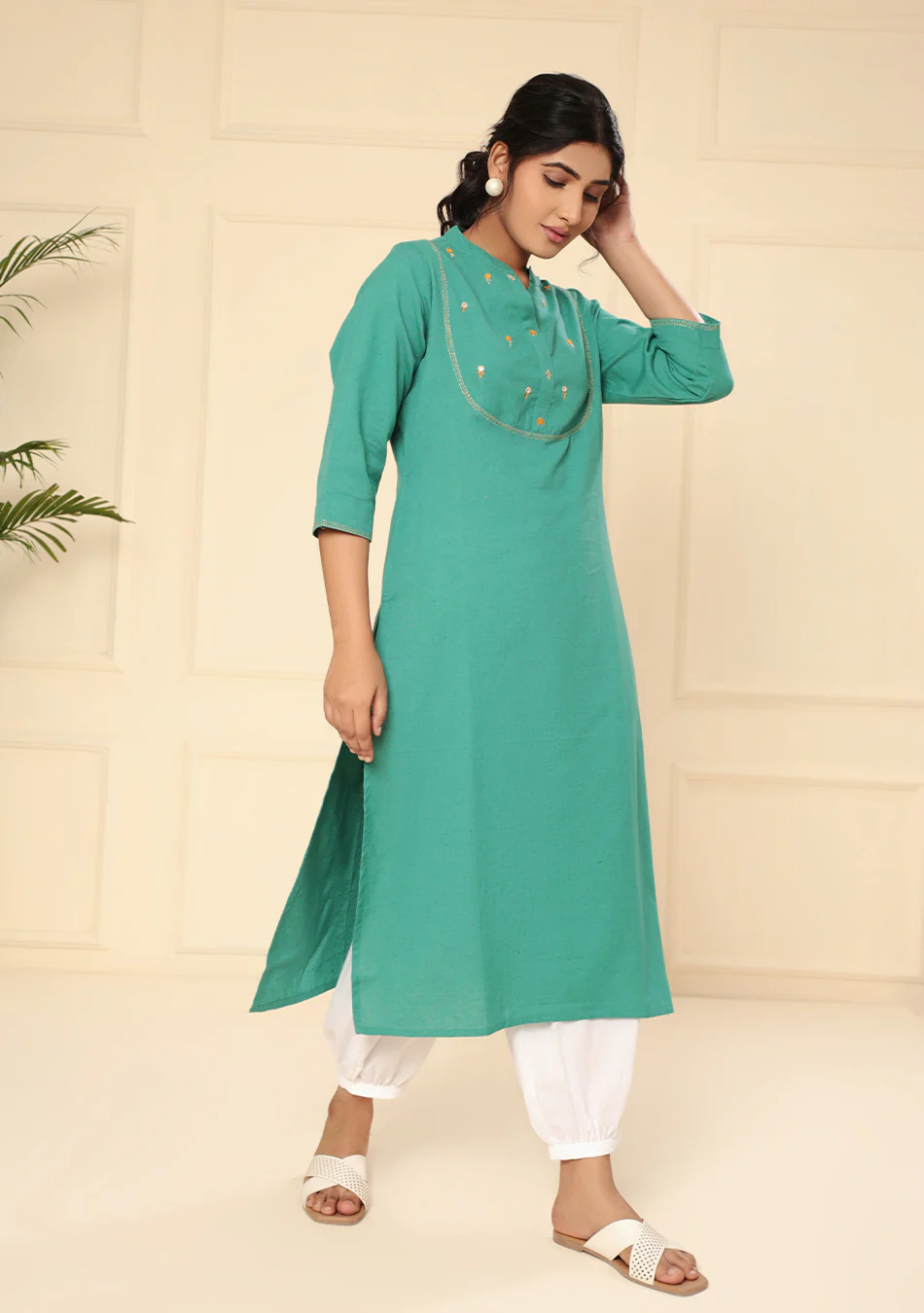 Persian Green Solid Cotton Kurta - Image 3