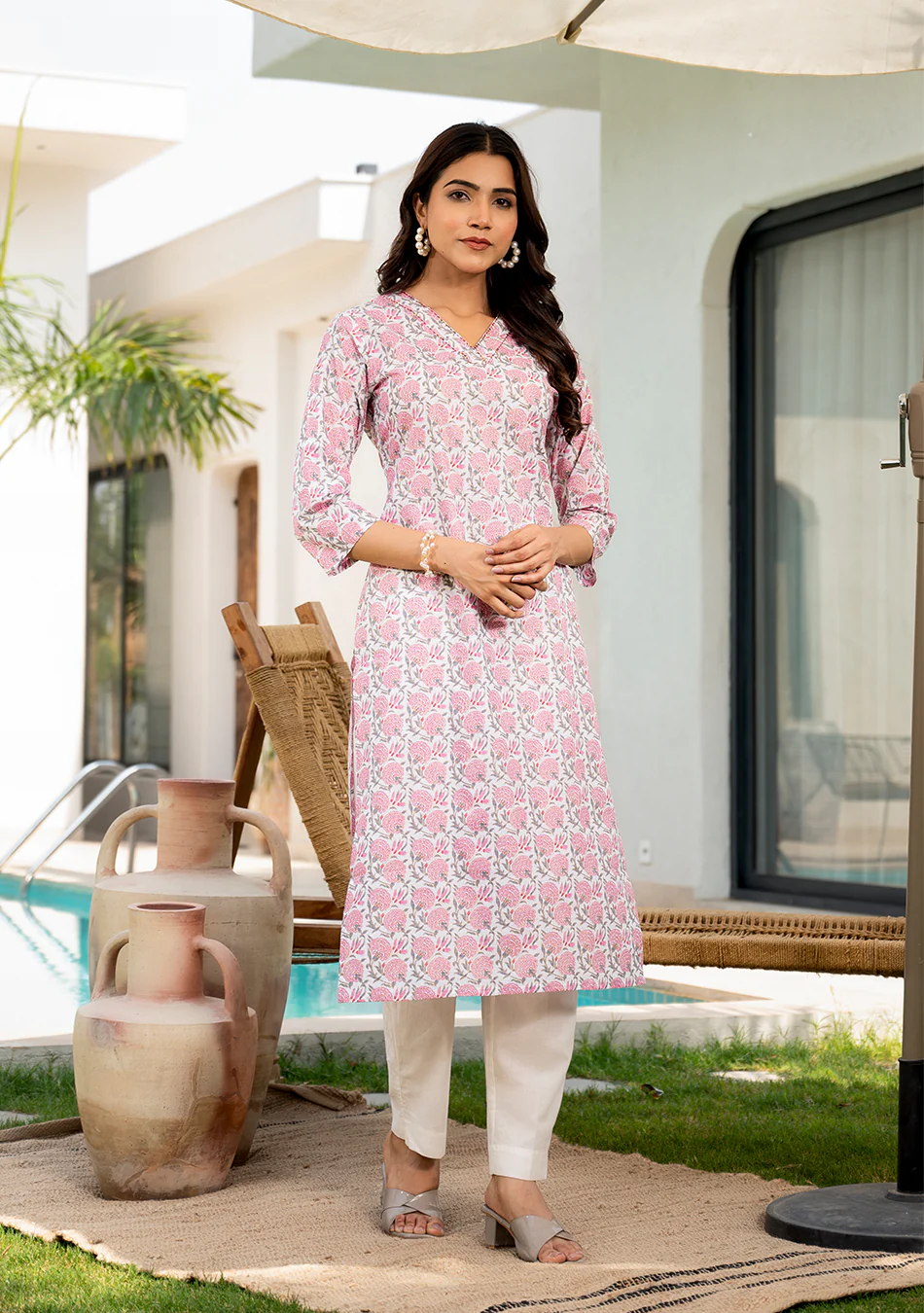 Pink Blossom Print Kurta