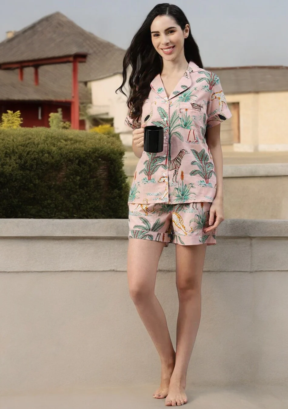 Pink Cotton Floral Print Night Suit - Image 2