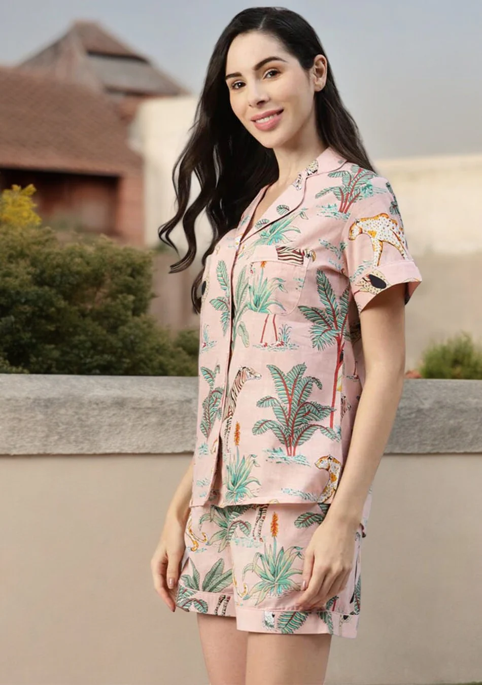 Pink Cotton Floral Print Night Suit - Image 4