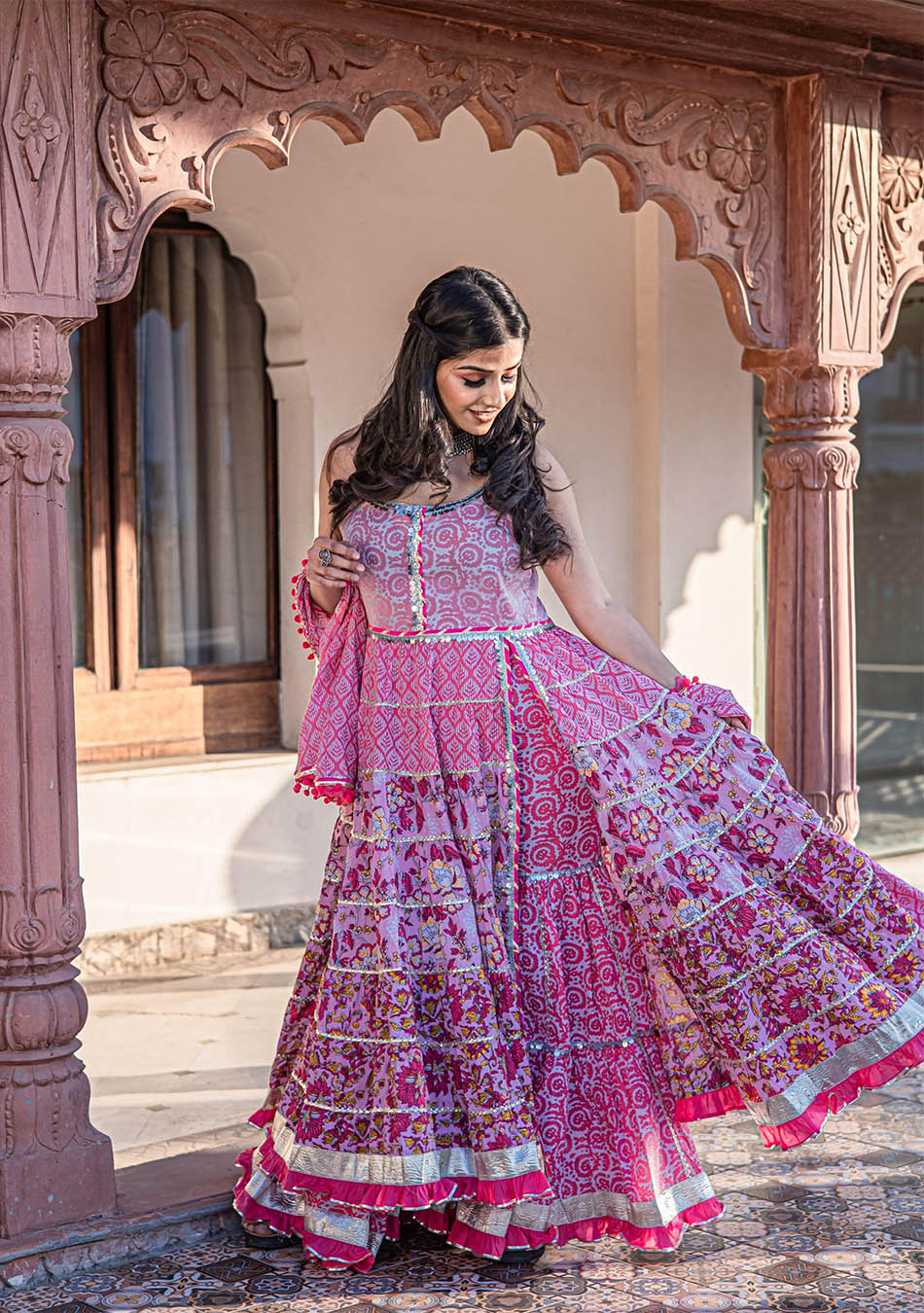 Pink Cotton Sleeve less Anarkali Sharara Set With Dupatta - Image 3