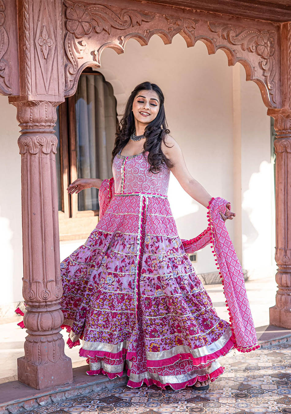 Pink Cotton Sleeve less Anarkali Sharara Set With Dupatta - Image 4