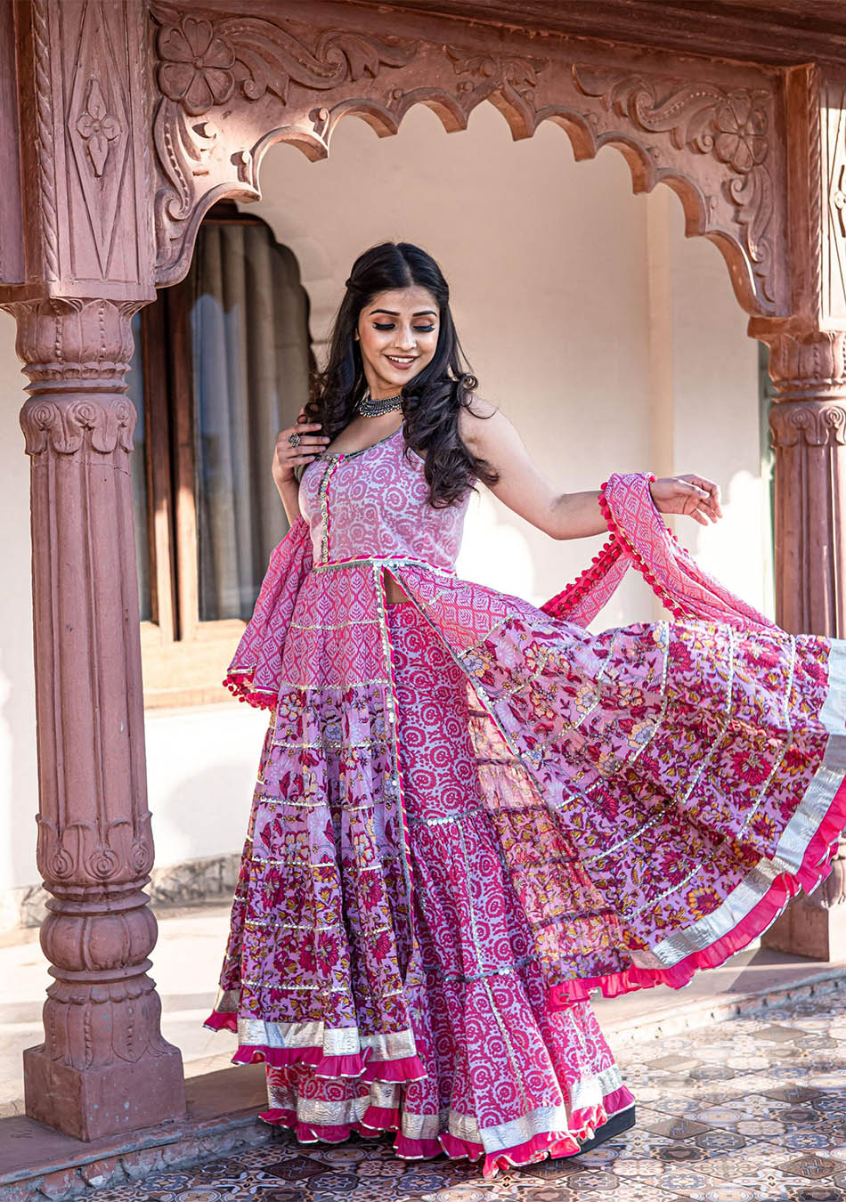 Pink Cotton Sleeve less Anarkali Sharara Set With Dupatta - Image 5